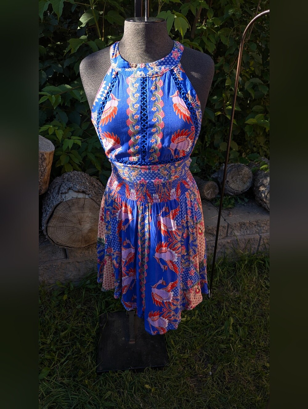 Jaase Boho Tropical Halter Mini Dress Smocked Festival Summer XS Dopamine Drip - Picture 7 of 13